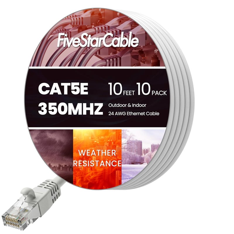 FiveStarCable 10 Pack Snagless Short Cat 5e Ethernet Cable - 10 Ft, High-Speed Internet Network Cable, PoE, RJ45 Connector, Gigabit LAN Patch Cord for Router, Modem, PC, Gaming, Smart TV, PS5, White - Image 1